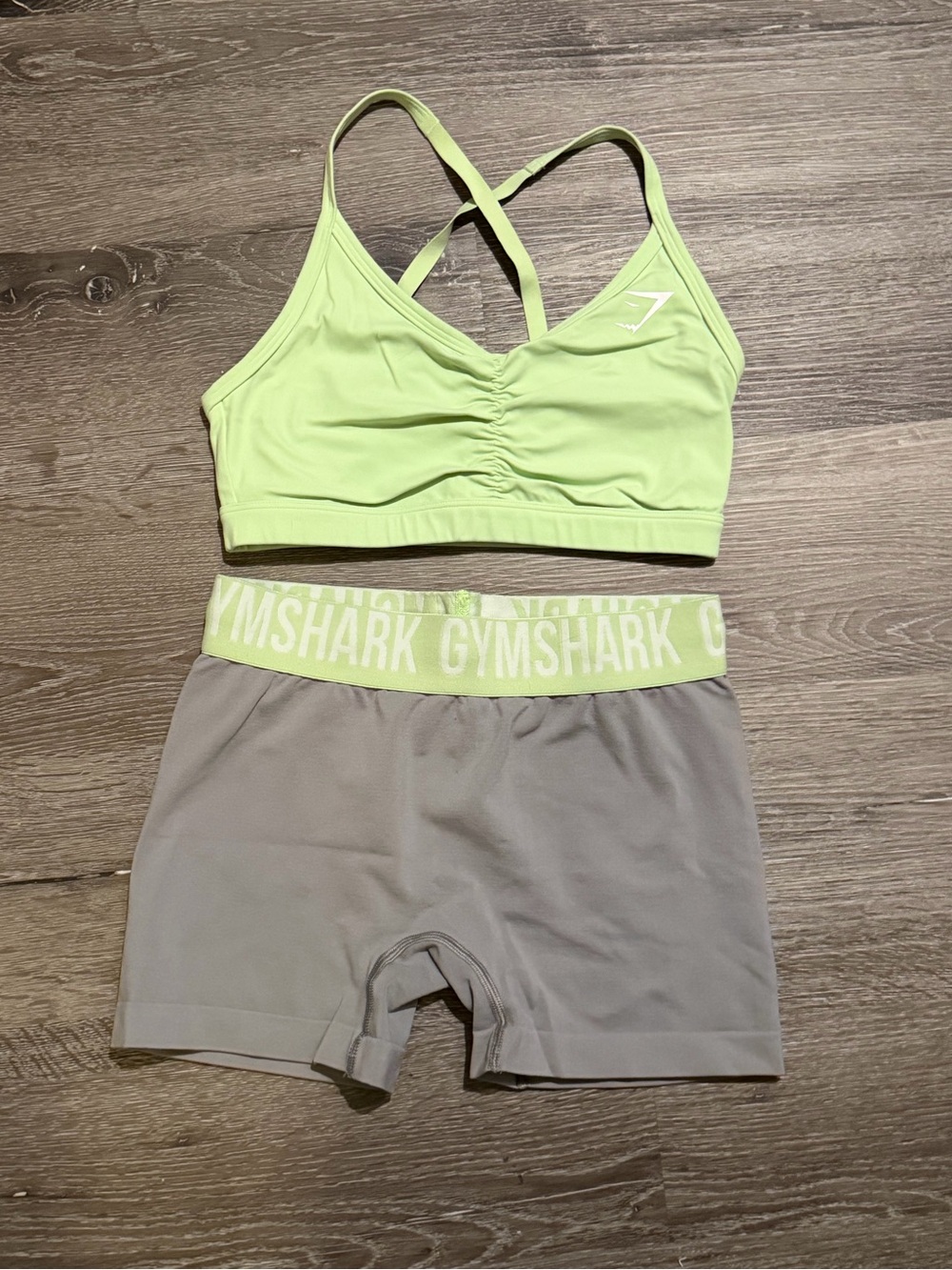 Gymshark Lime Green Ruched Strappy Sports Bra with Gray Shorts